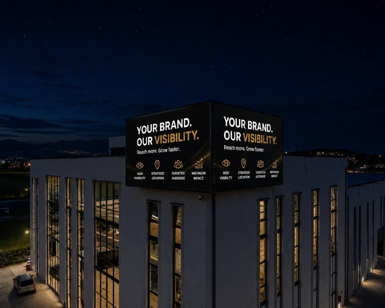 Ekrani LED Wall Double Side i Sky View natën nga afër